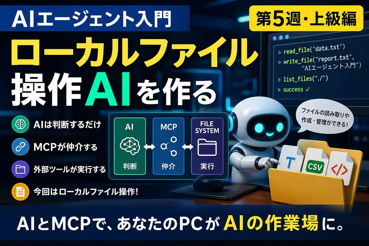 ローカルLLM（Ollama）とFilesystem MCPを使い、AIがファイルの読み書きや管理を行うエージェントの仕組みを表現したアイキャッチ画像（第5週・上級編）