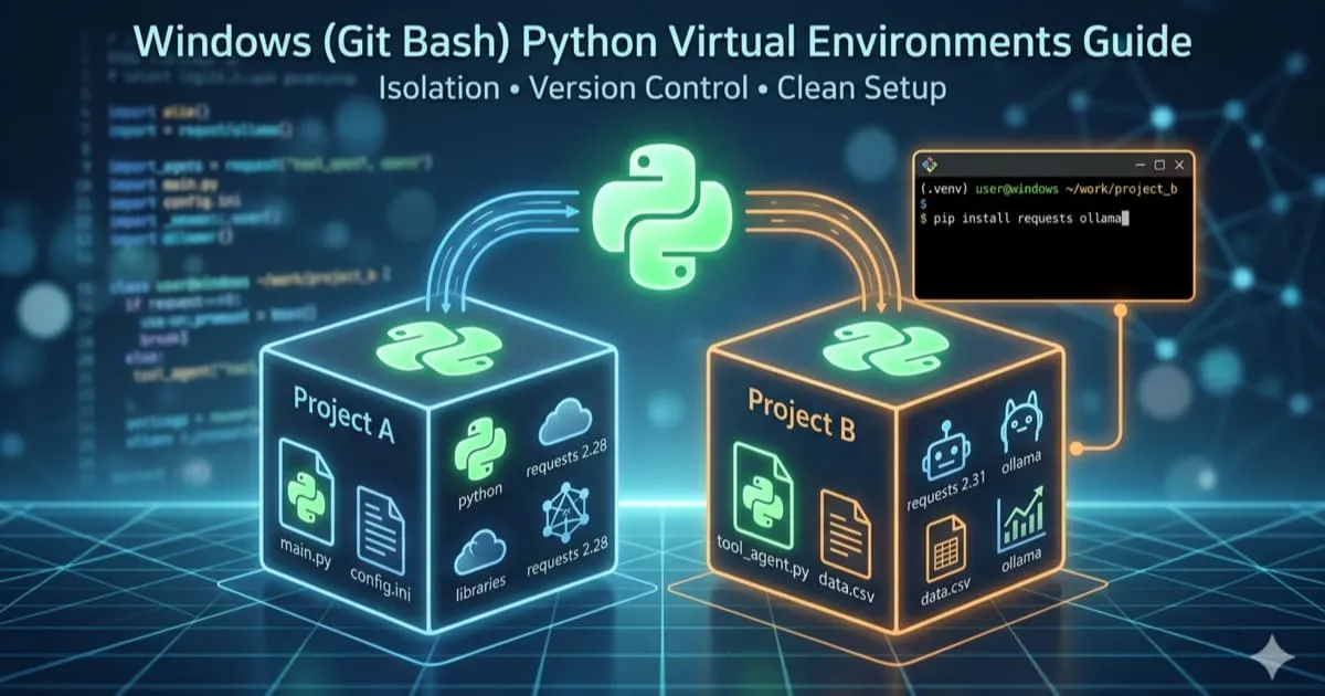 Python仮想環境の概念図。1つのコンテナ（仮想環境）内で、requests 2.28（青）とrequests 2.31（オレンジ）という異なるバージョンのライブラリが、競合することなく完全に「分離」して管理されている様子を描いている。