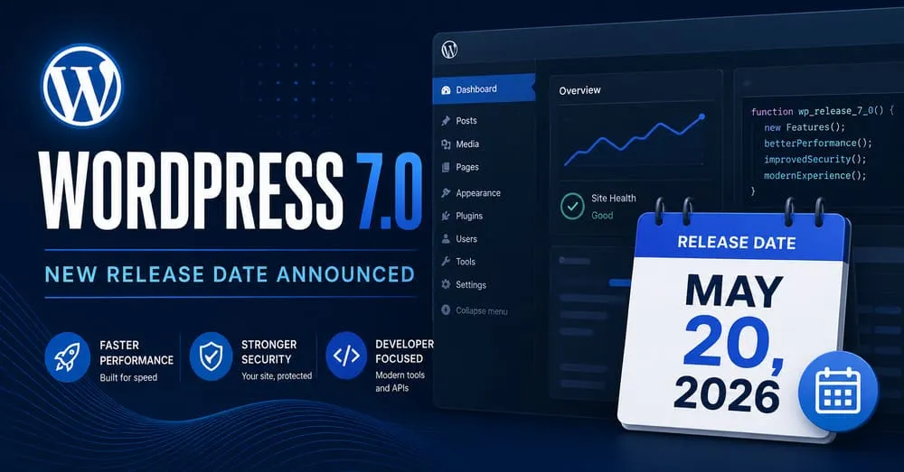 WordPress 7.0の新しいリリース日が2026年5月20日と発表されたことを示す青基調のアイキャッチ画像。WordPressロゴ、管理画面風のUI、そして「MAY 20, 2026」と表示されたカレンダーが描かれている。
