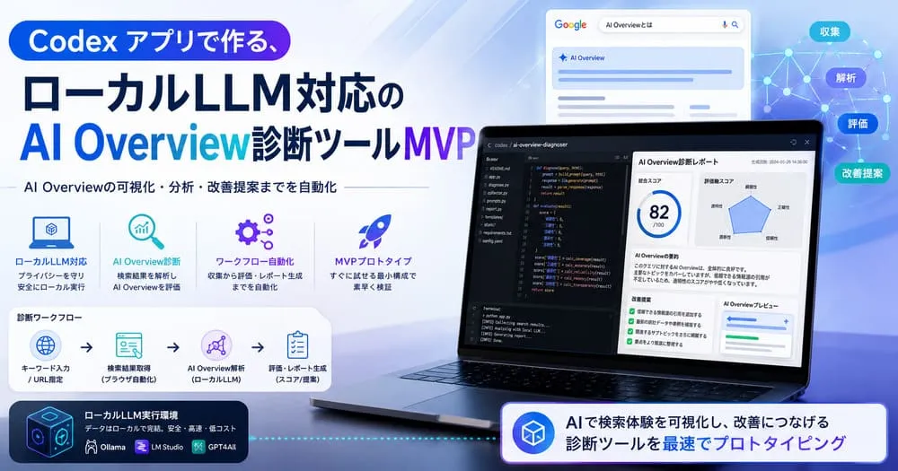 Codexアプリで作るローカルLLM対応のAI Overview診断ツールMVPのアイキャッチ画像。ノートPC画面にコードと診断レポート、AI Overviewの分析・改善フローが表示されている。