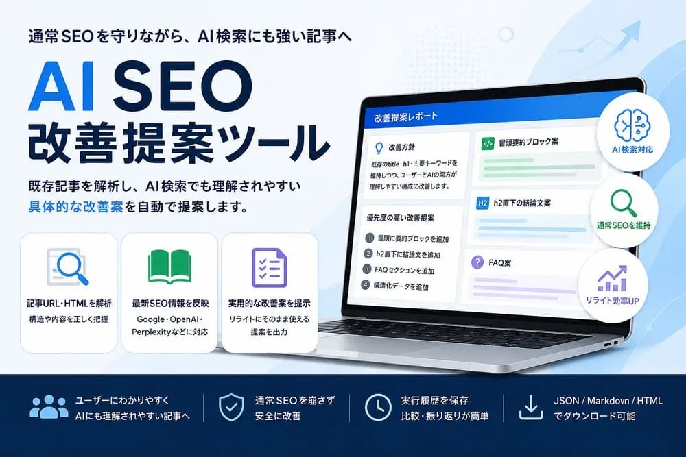 「AI SEO改善提案ツール」のアイキャッチ画像。通常SEOを守りながらAI検索にも強い記事改善をテーマに、左側に大きなタイトル、右側に改善提案レポートを表示したノートPC画面を配置。記事URL・HTML解析、最新SEO情報の反映、実用的な改善案の提示、AI検索対応、通常SEO維持、リライト効率向上などの特徴を視覚的に表現している。
